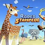 カウボーイのキャラクターがロープを持ってバッファローに乗り、多くの動物たちと一緒に走っている。