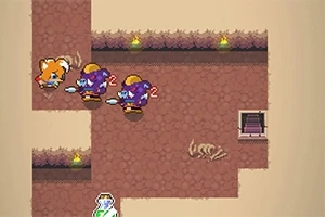 茶色の壁に囲まれた迷路にいるキツネのキャラクターと2体の敵、地面には骨があり、階段が見える。