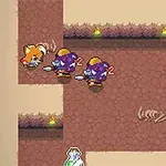 茶色の壁に囲まれた迷路にいるキツネのキャラクターと2体の敵、地面には骨があり、階段が見える。