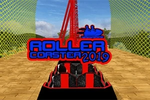 赤と黒のジェットコースターが木製のレールの上を走っている様子と「ROLLER COASTER 2019」の文字。