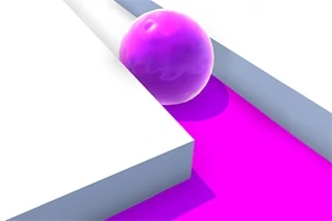 紫色の光沢のあるボールが白い壁に囲まれたピンク色の道を転がっている。