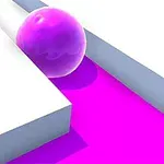 紫色の光沢のあるボールが白い壁に囲まれたピンク色の道を転がっている。
