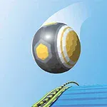 青い空を背景に、黄色と黒の模様がある球体がジャンプしている様子。
