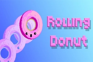 ピンク色のドーナツが青い背景で転がり、その横にピンク色のドット文字で「Rolling Donut」と書かれている。