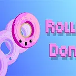 ピンク色のドーナツが青い背景で転がり、その横にピンク色のドット文字で「Rolling Donut」と書かれている。