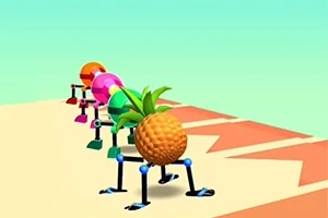 カラフルなボールを乗せたロボットが並んで進んでいる様子。
