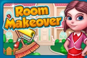 アニメ風の女の子の隣に「Room Makeover」という文字と道具のイラストが描かれた画像。