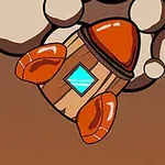 茶色とオレンジ色の小型ロケットが岩場の間を飛んでいるイラスト。