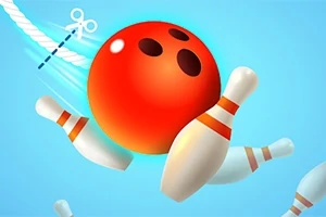 赤いボウリングボールがピンを倒している様子と、上部に白いハサミのアイコンがある青い背景。