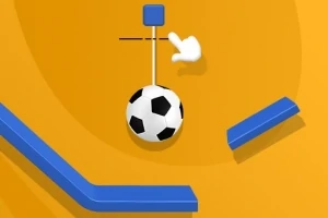 オレンジ色の背景に黒と白のサッカーボールが吊るされ、青い台と白い手のアイコンが表示されている。