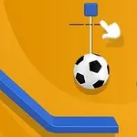 オレンジ色の背景に黒と白のサッカーボールが吊るされ、青い台と白い手のアイコンが表示されている。