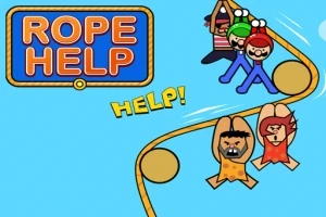 ゲーム風のイラストで、キャラクターたちがロープにぶら下がり助けを呼んでいる様子。