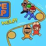 ゲーム風のイラストで、キャラクターたちがロープにぶら下がり助けを呼んでいる様子。