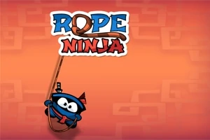 オレンジの背景に、ロープと共にぶら下がっている青い忍者キャラクターとデザインされたタイトルロゴ。