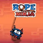 オレンジの背景に、ロープと共にぶら下がっている青い忍者キャラクターとデザインされたタイトルロゴ。