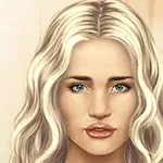 金髪で青い目の女性の肖像画が描かれたイラスト。