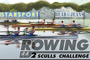 ボート競技の選手たちが川でレースをしている様子と「ROWING 2 SCULLS CHALLENGE」というテキスト。