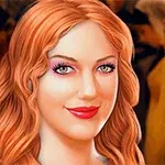赤い髪の女性が微笑んでいるイラスト。