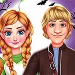 ハロウィンをテーマにした背景にカボチャを持つ女の子と男の子が並んでいるイラスト。