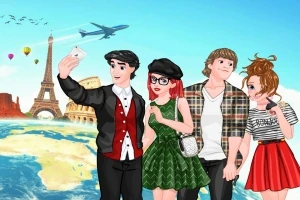 4人のキャラクターが自撮りをしており、背景にはエッフェル塔や飛行機、気球が描かれた風景が広がっている。