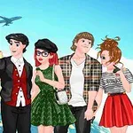 4人のキャラクターが自撮りをしており、背景にはエッフェル塔や飛行機、気球が描かれた風景が広がっている。