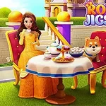 庭のテーブルに座り、お茶を楽しんでいる黄色いドレスの女性と犬。