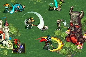 ファンタジーの戦士たちが草原で戦う様子と巨大なモンスターの像。
