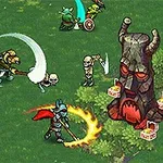 ファンタジーの戦士たちが草原で戦う様子と巨大なモンスターの像。