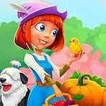 赤い髪の女の子がひよことかごを持ち、隣に犬とカボチャ、背景に蜂の巣箱と花が描かれている。