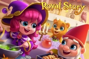 紫色の衣装を着た女性キャラクターと白い髭の小人が台所で料理をしているシーン。