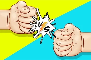 対立する拳がぶつかり合い、中央に「VS」と書かれたスプラッシュ効果があるカラフルなイラスト。