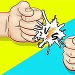 対立する拳がぶつかり合い、中央に「VS」と書かれたスプラッシュ効果があるカラフルなイラスト。