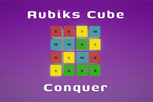 パープルの背景に、中央に4x4のカラフルなタイルが配置され、上部に「Rubiks Cube」、下部に「Conquer」という文字が表示されている画像。