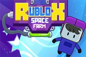 紫色の背景に「RUBLOX SPACE FARM」のロゴと紫と青の宇宙服を着たキャラクター。