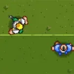 緑のフィールド上で向かい合う緑と白のユニフォームのキャラクターと青いユニフォームのキャラクターのトップダウンビュー。