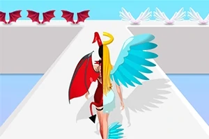 天使と悪魔が混ざり合ったキャラクターがランウェイを歩いている。