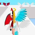 天使と悪魔が混ざり合ったキャラクターがランウェイを歩いている。