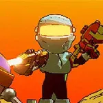オレンジ色の背景に、宇宙服を着たキャラクターが武器を持っている。