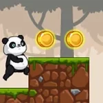 森の中でパンダが草の生えたブロックに乗り、上には金色のコインが2枚浮かんでいるイラスト。
