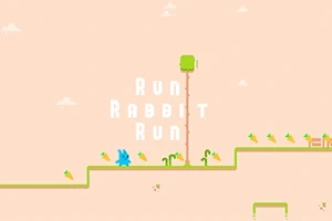 青いウサギが緑のステージを走り、背景に「Run Rabbit Run」の文字とニンジンが配置されている。