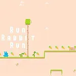 青いウサギが緑のステージを走り、背景に「Run Rabbit Run」の文字とニンジンが配置されている。
