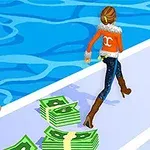青い背景の上を歩く、カジュアルな冬服を着た二人の人物と地面に積まれた現金。