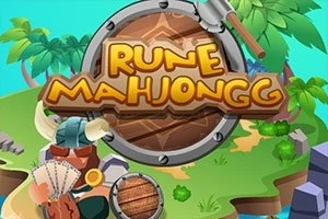 カラフルな南国の島の背景に、大きな盾と「RUNE MAHJONGG」という文字が描かれている。