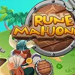 カラフルな南国の島の背景に、大きな盾と「RUNE MAHJONGG」という文字が描かれている。