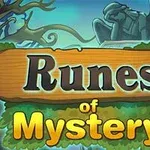 木製の看板に「Runes of Mystery」と書かれ、背景に石像と樹木があるイラスト。