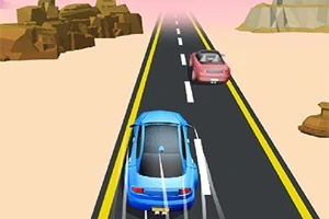 青い車が砂漠の道を走行しており、前方にピンクの車が見える。