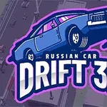青い車が浮いているように見えるデザインの上に「Russian Car Drift 3D」という文字が描かれています。