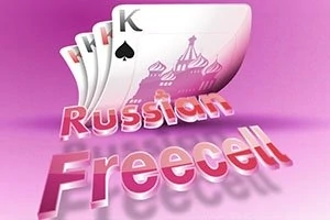 ピンクの背景に、トランプのカードが塔のイラストと共に並び、下に「Russian Freecell」という文字が配置されている。