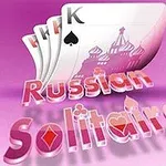 ピンクの背景にトランプのキングとロシアの建物のイラストが描かれ、「Russian Solitaire」という文字がある。