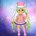 ピンクの帽子と衣装を着たアニメ風のキャラクターが星空の背景に立っている。
